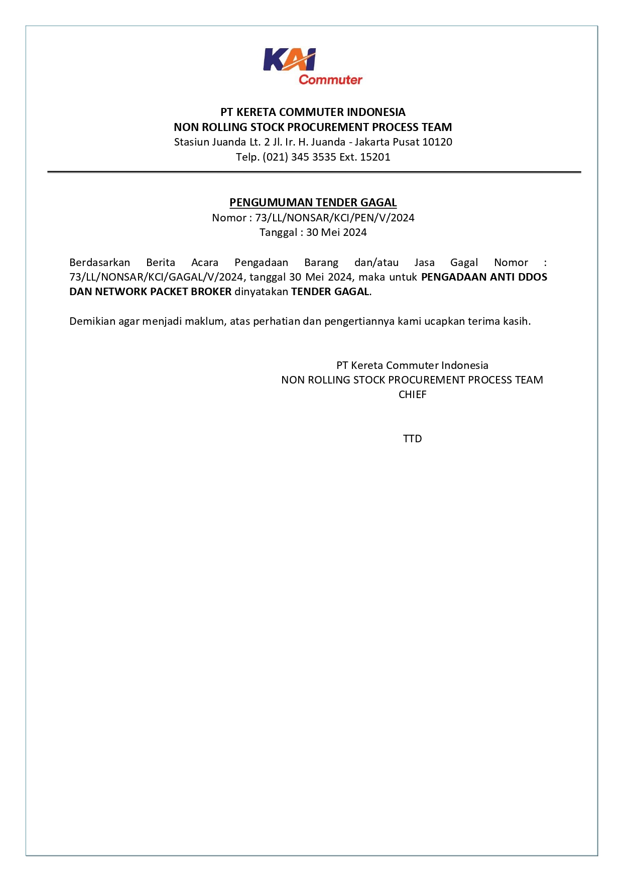 6 pengumuman tender gagal 73 pengadaan anti ddos dan network pocket broker page 0001